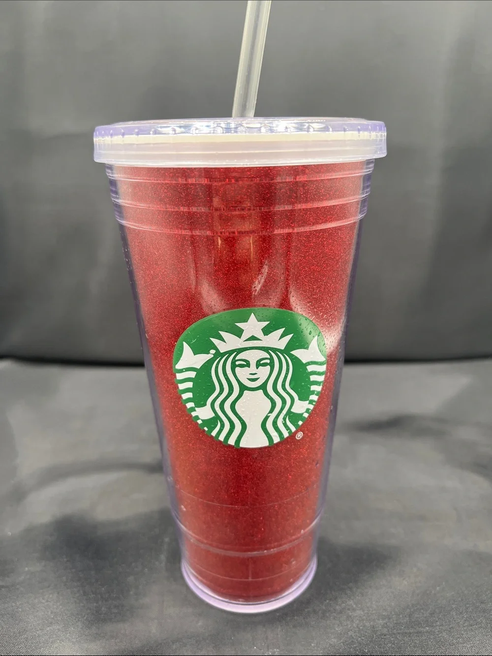 Starbucks Red Glitter Tumbler with Green Logo and Purple Lid